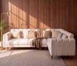Serene beige L shape sofa with channel tufted back and wooden legs in modern living room setting