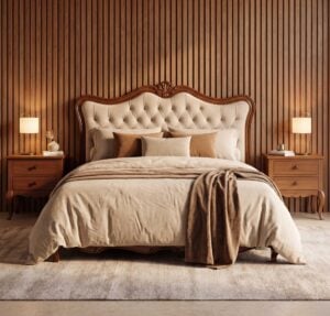 Royal victorian style tufted bed with carved wooden frame and matching side tables by renome