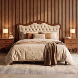 Royal victorian style tufted bed with carved wooden frame and matching side tables by renome