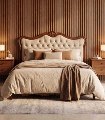 Royal victorian style tufted bed with carved wooden frame and matching side tables by renome