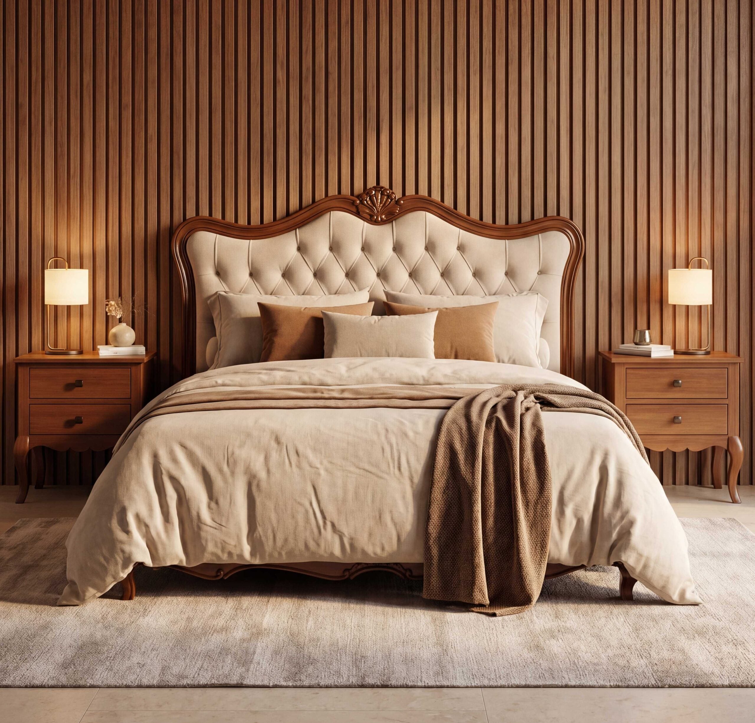 Royal victorian style tufted bed with carved wooden frame and matching side tables by renome