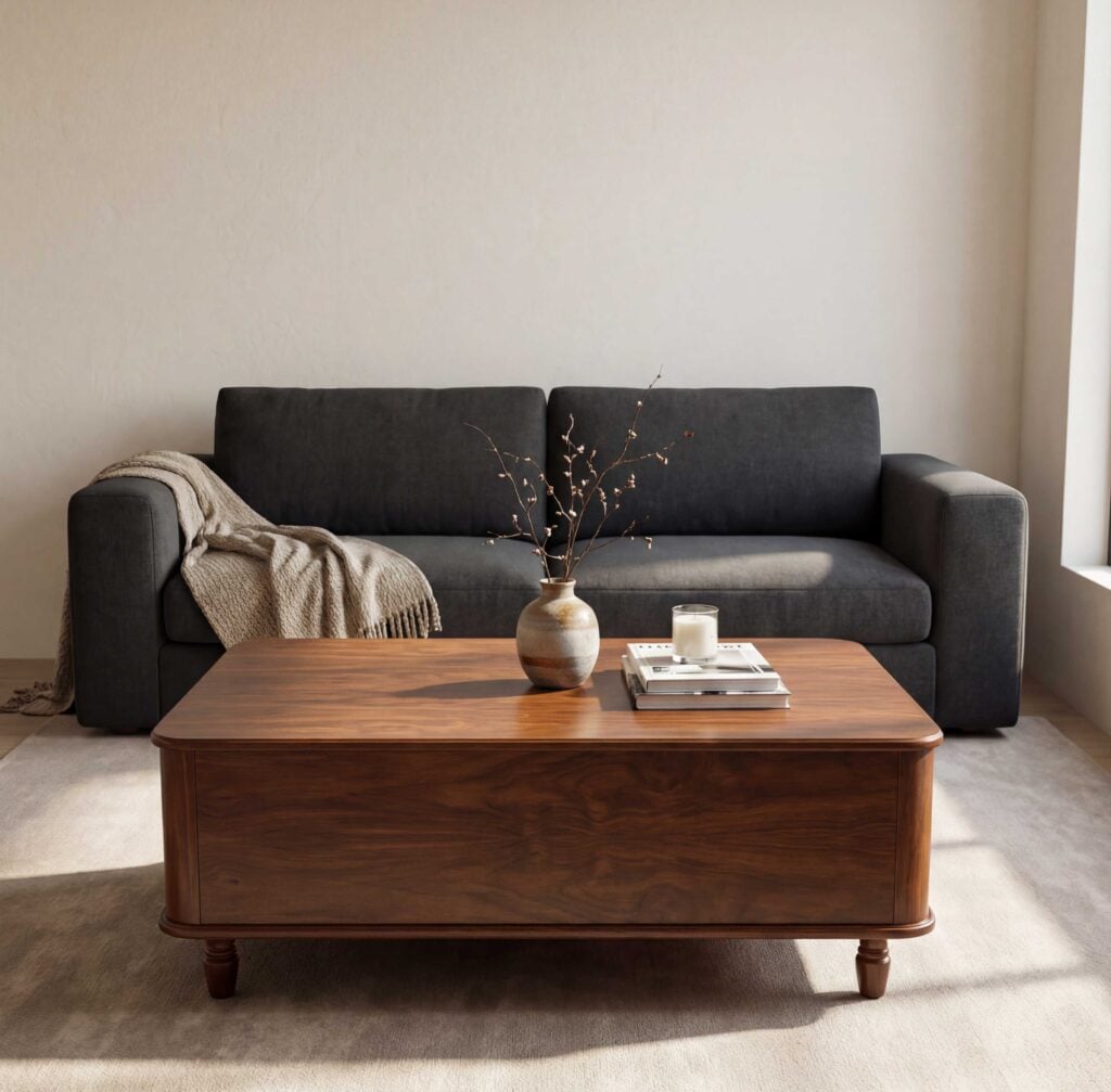 Cubic Wooden center table with a hallow rectangular frame in a modern loving room setup by renome