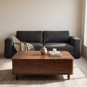Cubic Wooden center table with a hallow rectangular frame in a modern loving room setup by renome