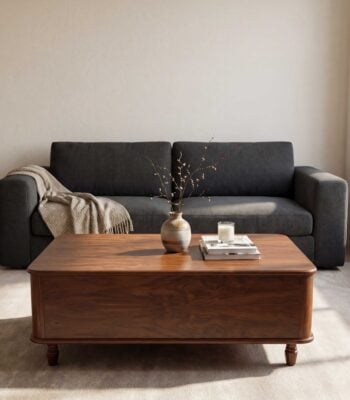 Cubic Wooden center table with a hallow rectangular frame in a modern loving room setup by renome