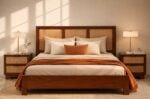 Modern wooden bed set with woven rattan cane headboard and two matching 2-drawer side tables by Renome