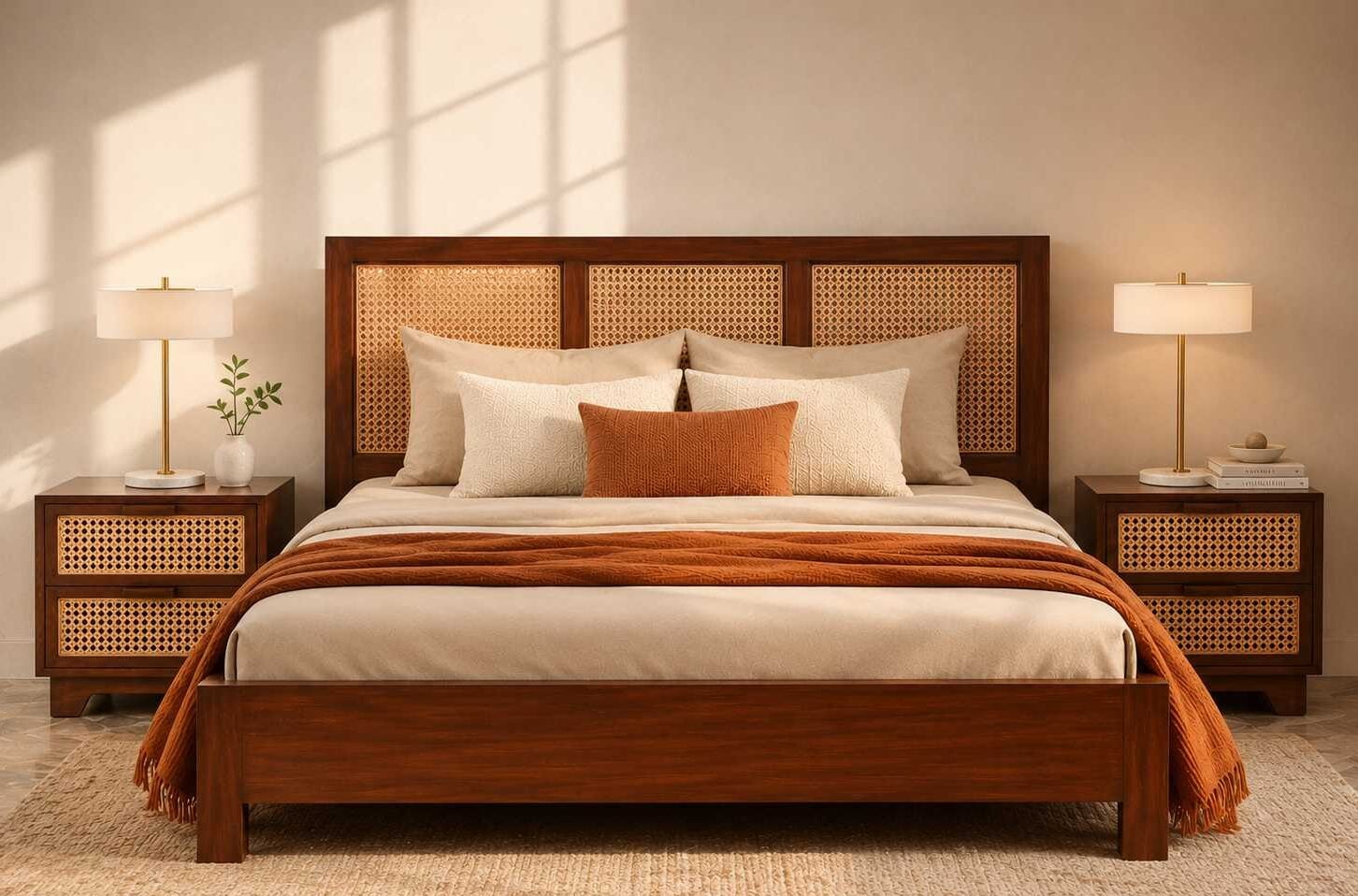 Modern wooden bed set with woven rattan cane headboard and two matching 2-drawer side tables by Renome