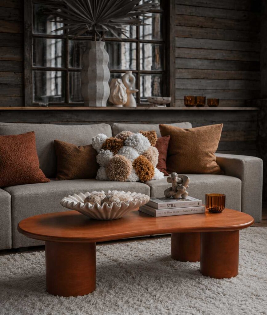 Solid wood center table with a bold sculptural design and massive cylindrical legs for modern lounges by Renome