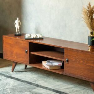 Mid-century modern wooden TV console with tapered legs and open shelving in a minimalist living room by Renome