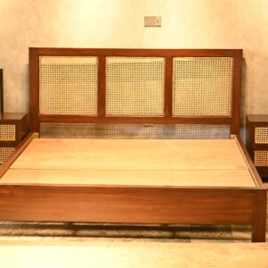 Modern wooden bed set with woven rattan cane headboard and two matching 2-drawer side tables by Renome