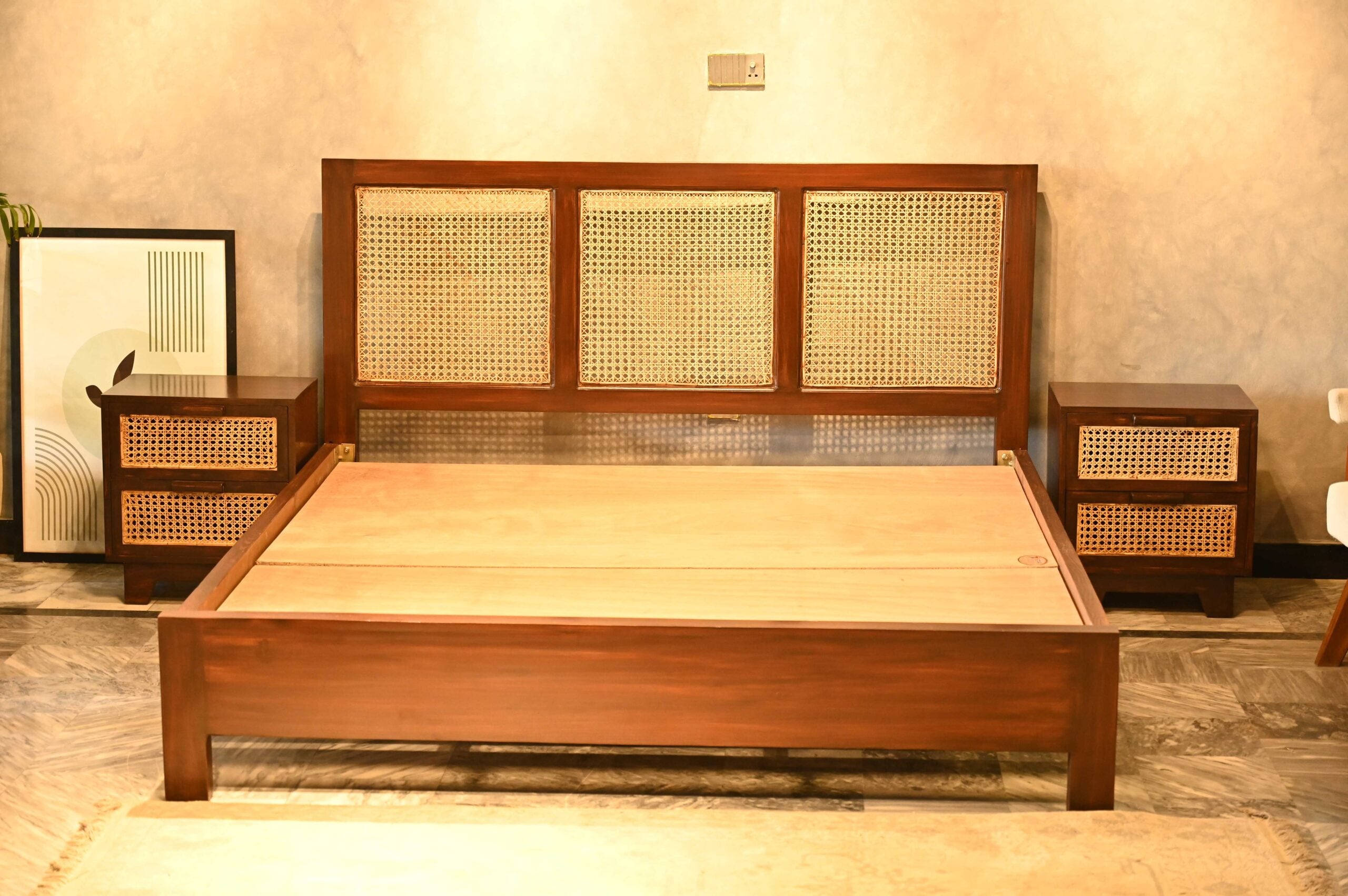 Modern wooden bed set with woven rattan cane headboard and two matching 2-drawer side tables by Renome