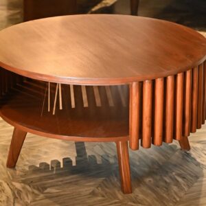 Round wooden coffee table with fluted slatted sides and tiered open storage shelf by Renome