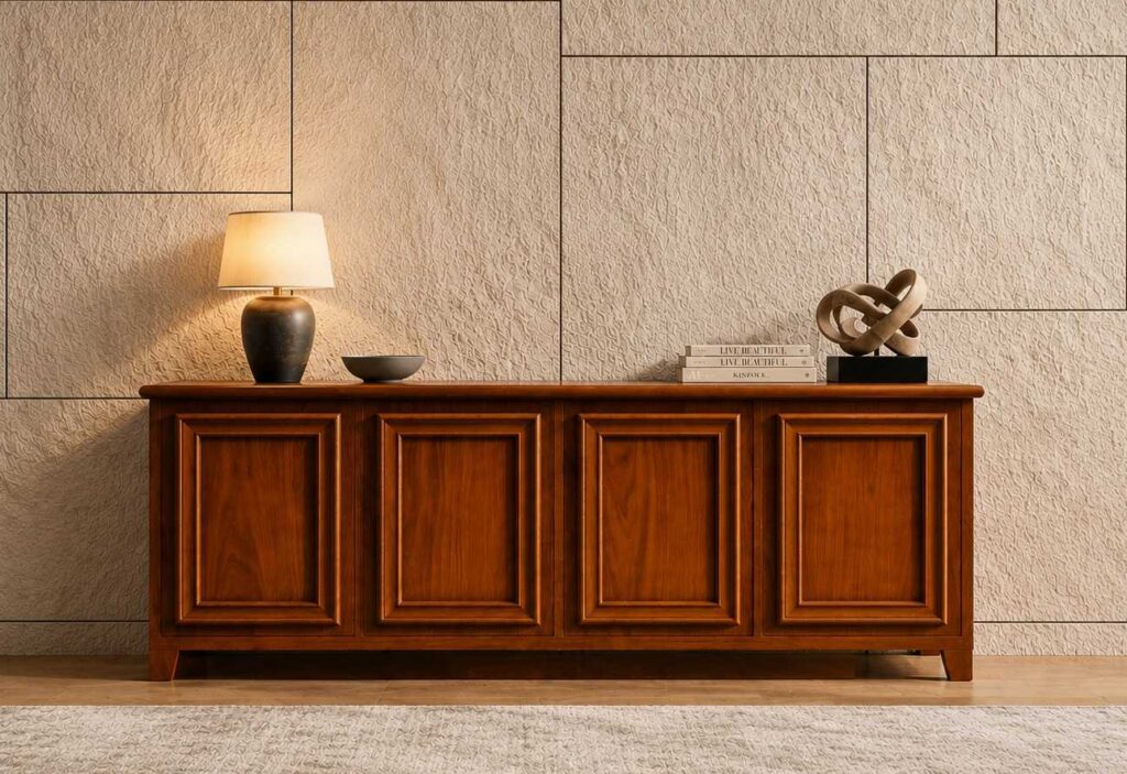 Modern Estate Oak TV and LED console table with minimalist wood grain and storage compartments by Renome