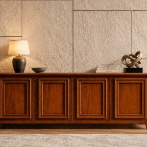 Modern Estate Oak TV and LED console table with minimalist wood grain and storage compartments by Renome