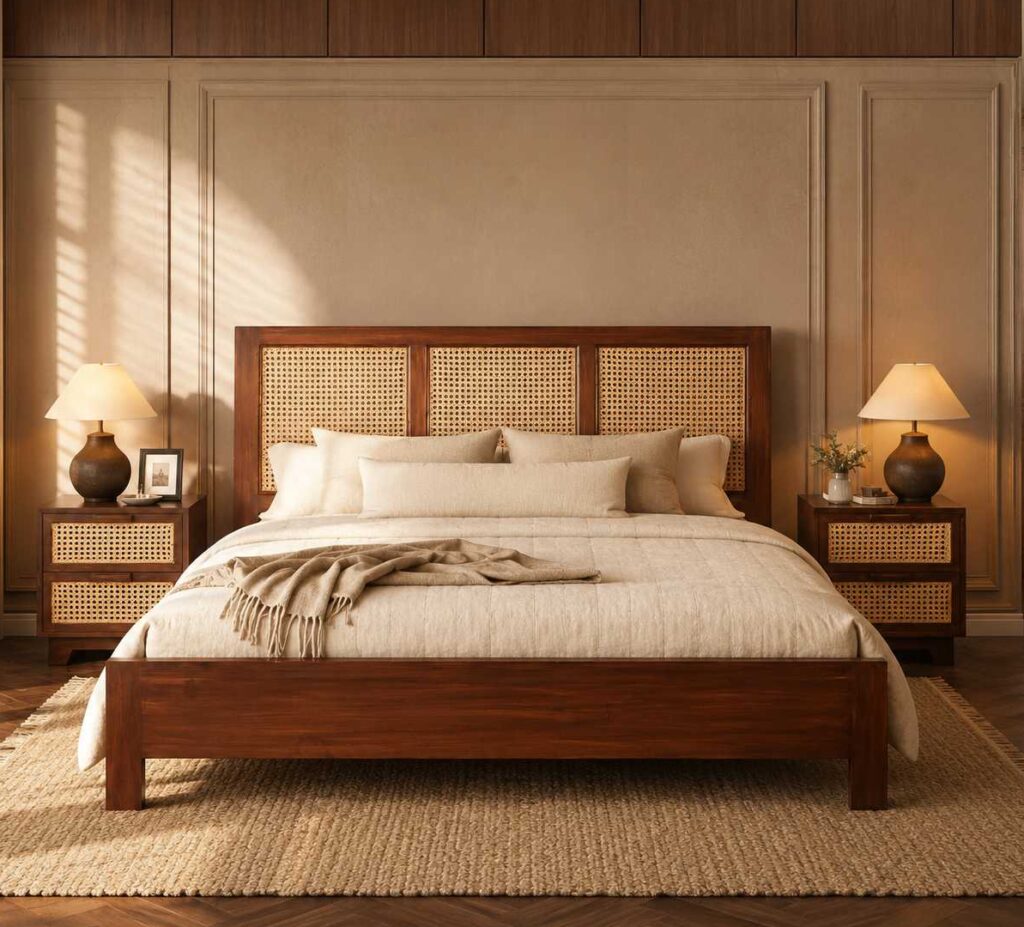Modern wooden bed set with woven rattan cane headboard and two matching 2-drawer side tables by Renome