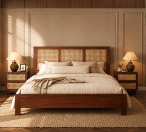 Modern wooden bed set with woven rattan cane headboard and two matching 2-drawer side tables by Renome