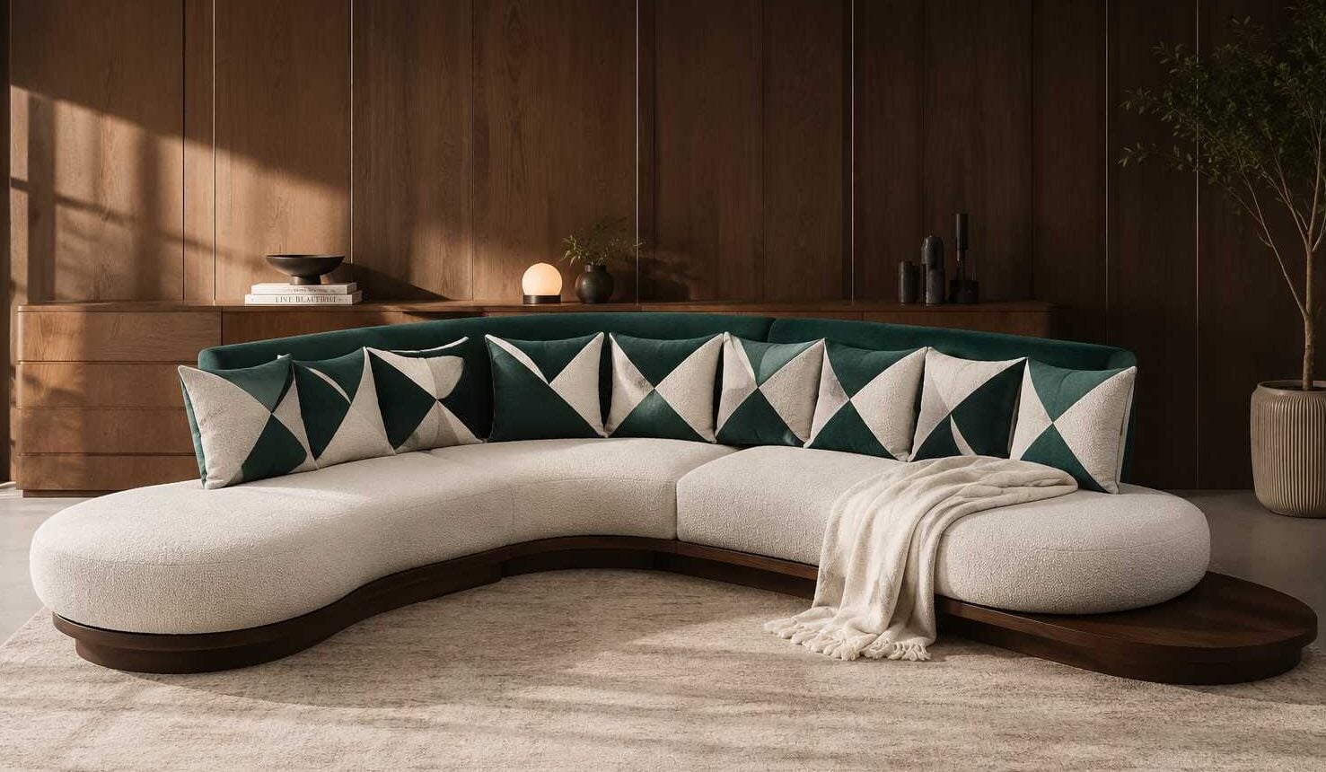 sof .webp Curved emerald platform sofa with green velvet backrest, cream bouclé seating, and an extended dark wood base ledge by Renome